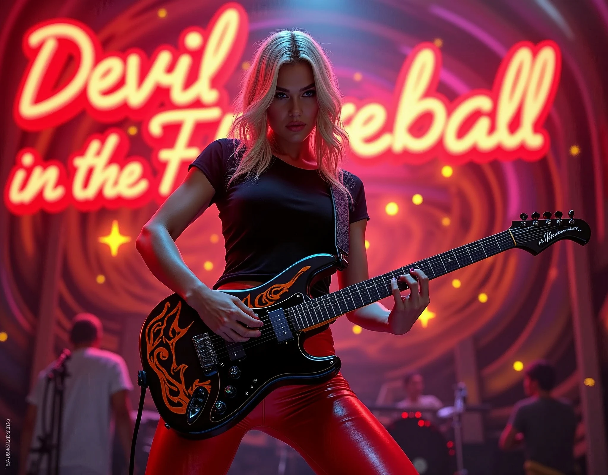 A sexy Blond Woman with hourglass body and huge, big, massive tits playing an electric guitar, which is a musical instrument characterized by its electronic sound production. The guitar has a distinctive Glossy black with red and orange flames on it, which is not typical for such instruments and suggests a custom design or personalization. The individual's attire includes a black t-shirt, she is wearing tight red leather pants. The presence of the guitar and the attire of the person implies a context of music performance in a rock genre.  Background with neon red text in a 3D font that spells out "Devil in the Fireball" Neon art style mixed with vector art and pop art in the background that depict sound waves flowing thru the air visual effect to enhance the rock aesthetic, glowing neon light, Pop art 