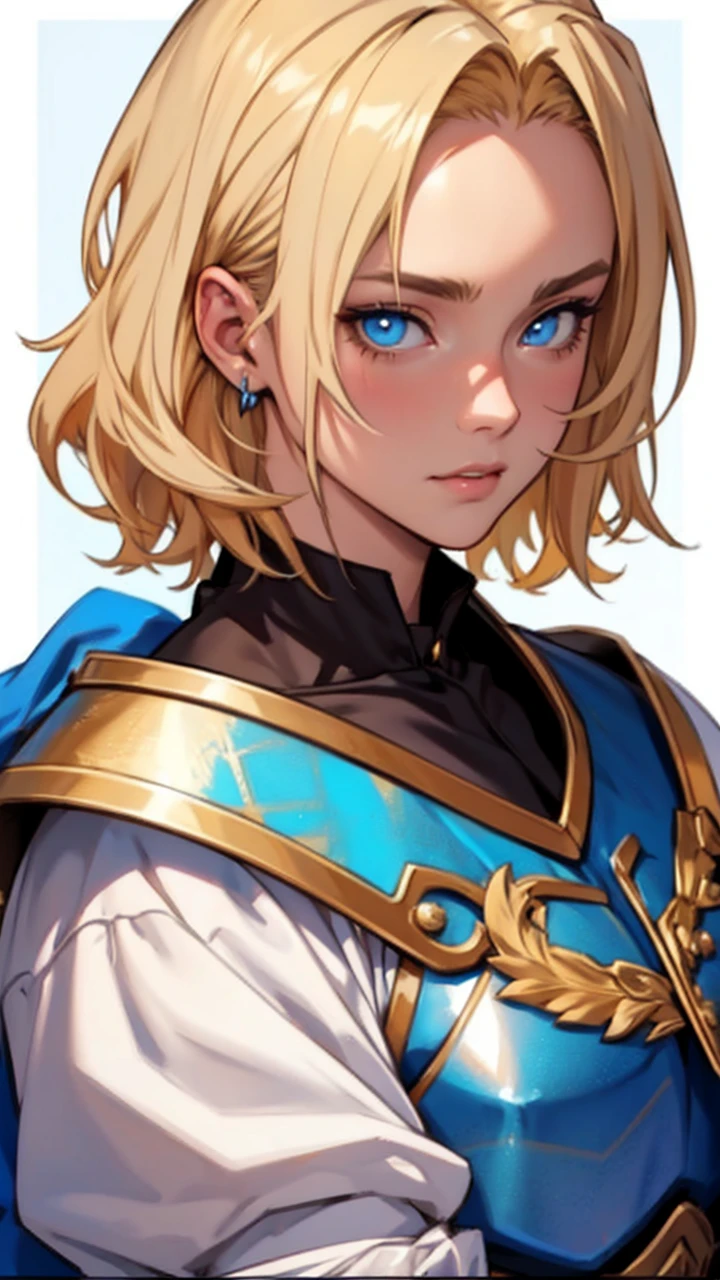 A 22 year old anime fantasy style female with blonde short hair and blue eyes wearing knight armor, swinging a sword,detailed facial features,detailed character expression,beautiful detailed eyes,beautiful detailed lips,extremely detailed face,longeyelashes,intricate armor design,shining metal armor,epic heroic pose,dramatic lighting,cinematic camera angle,fantasy landscape background,vibrant colors,digital painting,concept art style,highly detailed,masterpiece,8k,photorealistic