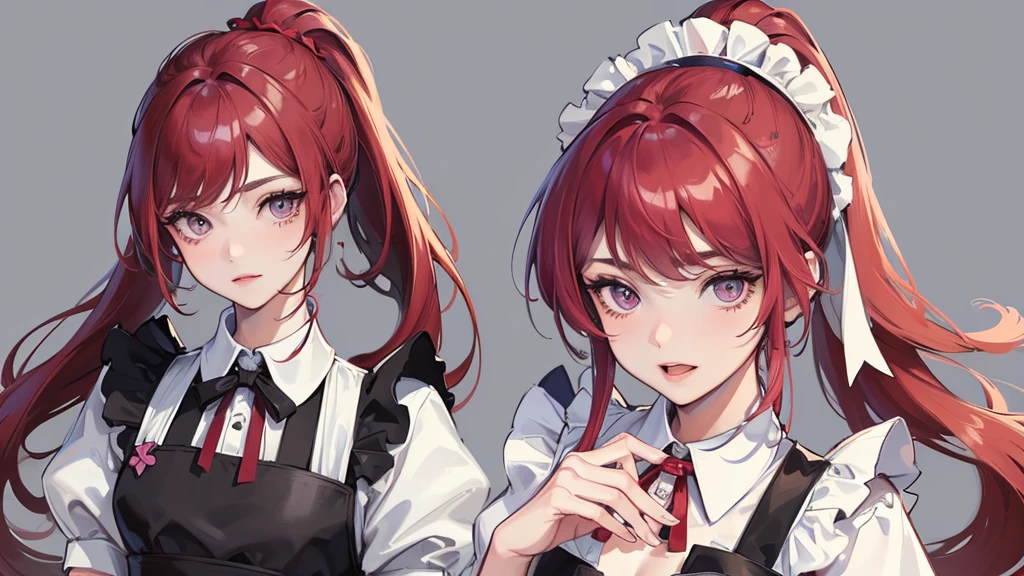 masterpiece,(best quality, illustration,detailed face:1.3),(1 woman,alone:1.3),beautiful and delicate eyes, apron, gradient_background, gradient, maid, purple eyes,red hair,,, break, enmaided, White_apron, Black color_dress, ponytail, Black color_footwear, flounce_apron, dress, maid_apron, Alternating_hair,very long hair, divided_ponytail, halo