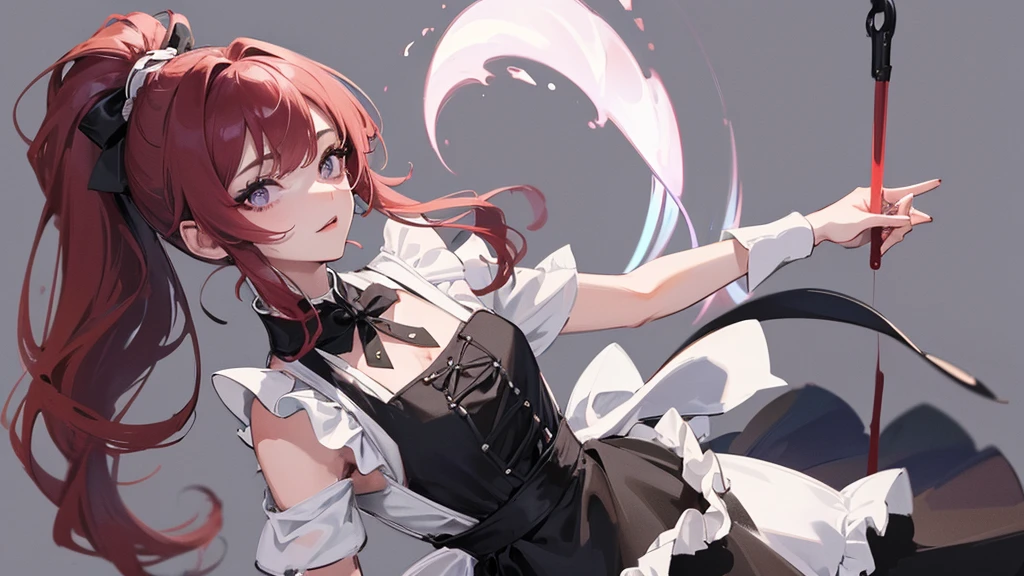 masterpiece,(best quality, illustration,detailed face:1.3),(1 woman,alone:1.3),beautiful and delicate eyes, apron, gradient_background, gradient, maid, purple eyes,red hair,,, break, enmaided, White_apron, Black color_dress, ponytail, Black color_footwear, flounce_apron, dress, maid_apron, Alternating_hair,very long hair, divided_ponytail, halo