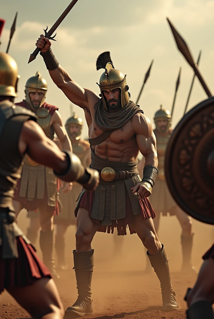 An epic and realistic high resolution scene featuring Spartacus, the legendary slave and gladiator, em uma intensa batalha contra Roman soldiers. Spartacus is in the center of the image, with tense muscles and a determined expression, brandishing a sword in combat. He wears worn leather armor and a typical gladiator helmet., while their opponents, Roman soldiers, are equipped with shining metal armor, round shields and spears. The battle takes place in an open field, with dust raised by the violent movements, and the tension of the fight is palpable. Ao fundo, glimpses of other gladiators and soldiers involved in the confrontation. The setting must reflect the brutality and intensity of war, with dramatic lights and shadows highlighting the action.