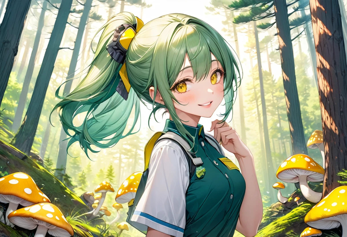 (Mountain Explorer style) (double exposure pastel color), (hand holding a detailed ecstasy brown pine mushroom), (solo:2, 15 yo) (beautiful ponytail) (beautiful pastel green hair long hair) (beautiful sexy girl) (detailed cute yellow eyes) (best smile, glossy lip) (medium tits), in a summer Speculator uniform, break, in the beautiful Pine forest, BREAK, perfect anatomy, masterpiece, best quality, 16k, beautiful detailed grow, daydreaming expression.