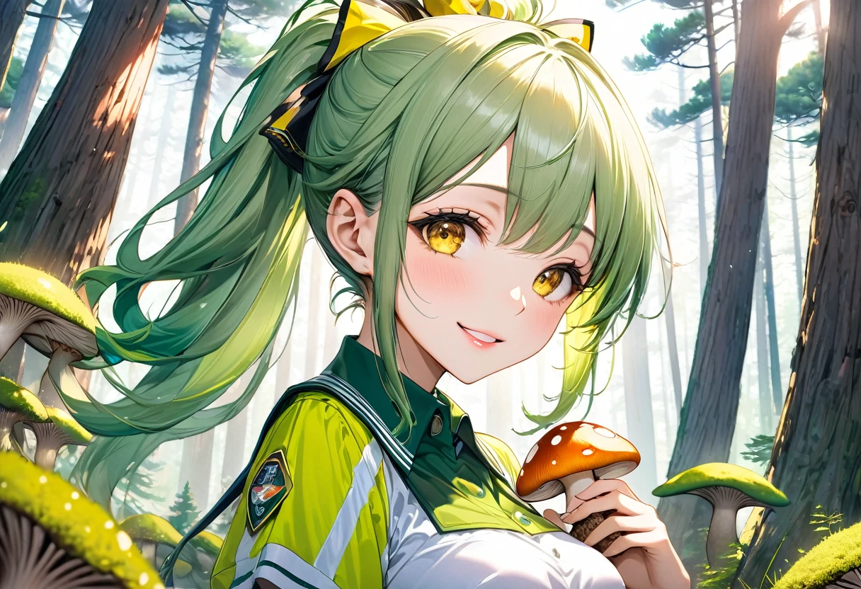 (Mountain Explorer style) (double exposure pastel color), (hand holding a detailed ecstasy brown pine mushroom), (solo:2, 15 yo) (beautiful ponytail) (beautiful pastel green hair long hair) (beautiful sexy girl) (detailed cute yellow eyes) (best smile, glossy lip) (medium tits), in a summer Speculator uniform, break, in the beautiful Pine forest, BREAK, perfect anatomy, masterpiece, best quality, 16k, beautiful detailed grow, daydreaming expression.