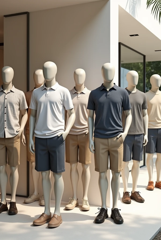 7 rectangular male body mannequins each with an outfit suitable for their body type, The outfit should be casual and not formal to avoid being too hot at 40 °C, No shorts allowed 