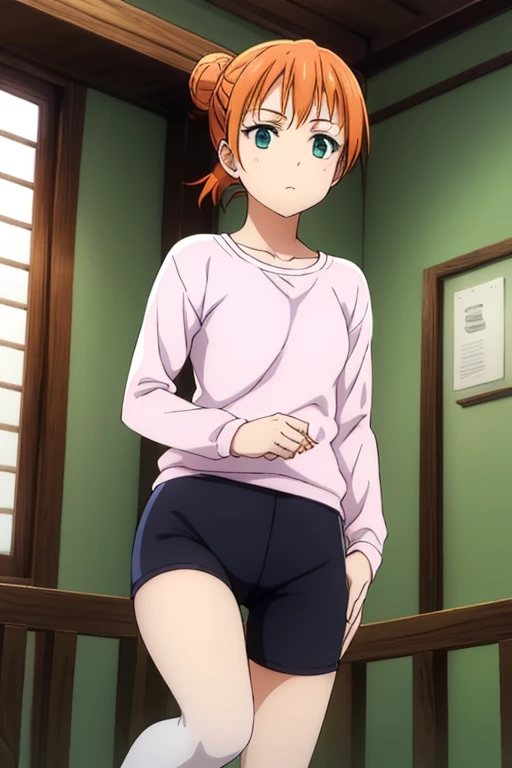 orange hair tied in a bun with a ribbon, green eyes, wearing a gym collant black with long sleeves and tights, white ballet shoes.