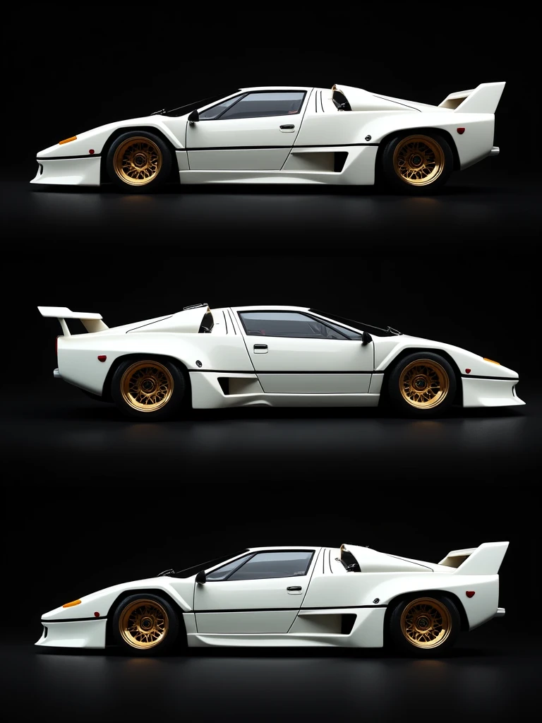 Draw a fusion of White Ferrari F-40 and White Lamborghini Countach in 3 frames:
- Front view
- Side view
- Rear view
The image's background is black