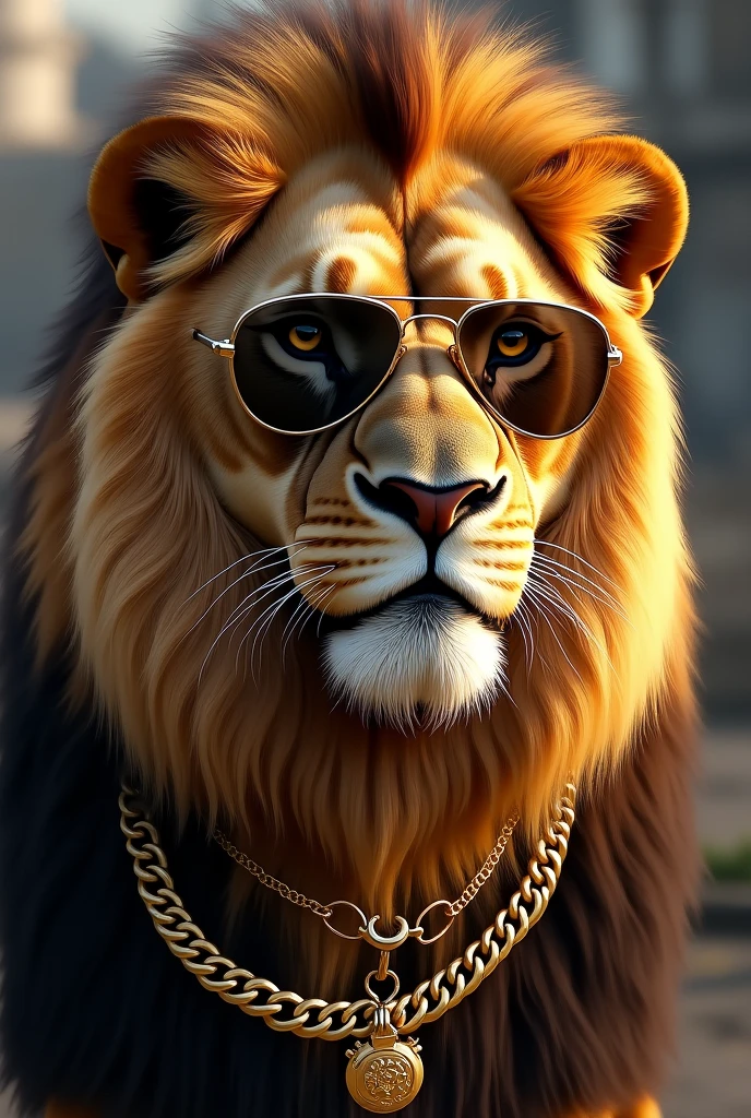 un lion avec une chaine en or portant des lunettes 