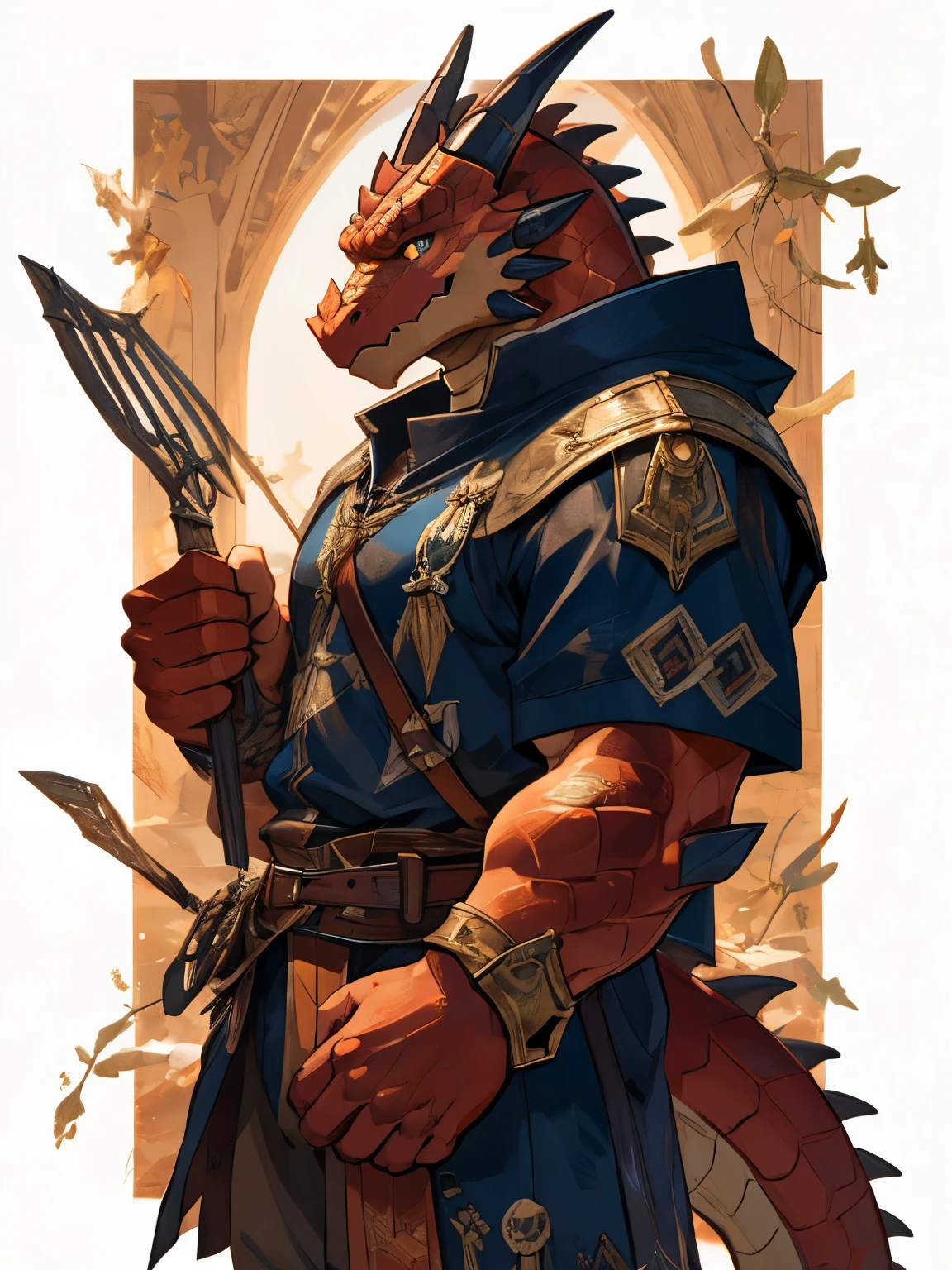 Dragonborn ,red scales, tail, muscle, handsome, Middle Ages , adventurer shirt , Fantasy ,The best aesthetics , best quality, Amazing quality, The best aesthetics