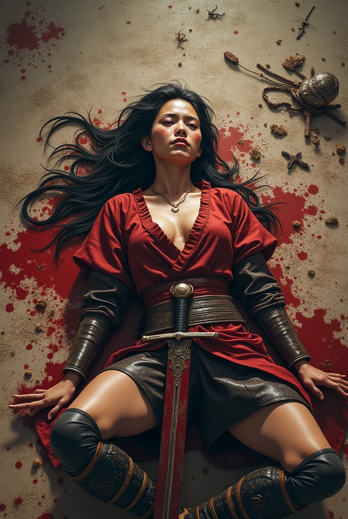 Corpse of an asian fighter women kneeling at the battle ground death by stabbed at her chest, stabbed chest, with a sword, the sword still stucked at her chest covered of blood body,