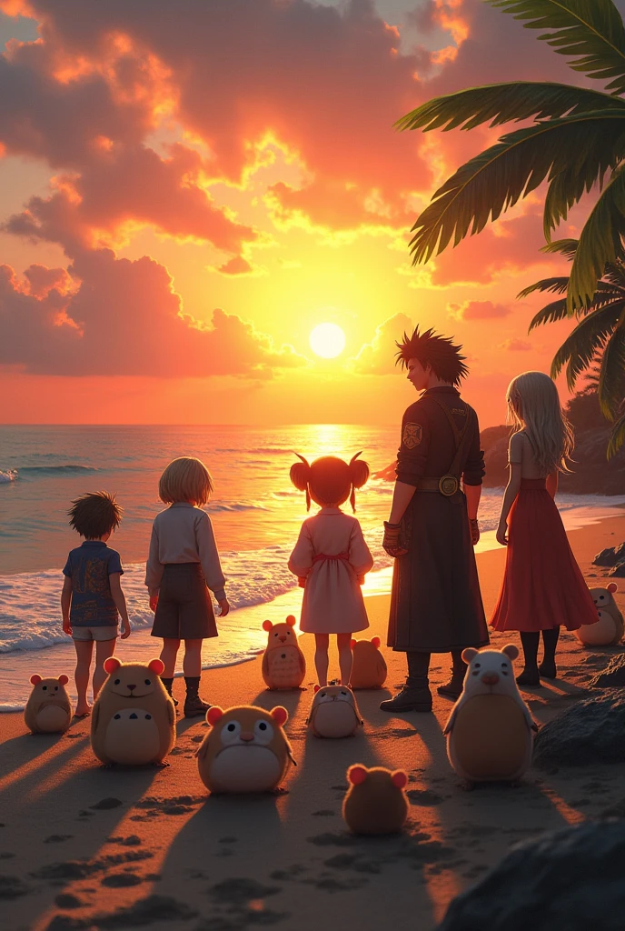 generates an image of all these characters on a beach, howl castle vagabond , The Boss Metal gear solid, Ganondorf, Sephiroth, Daniela, Venus, surrounded by hamsters and totoro watching the sunset
