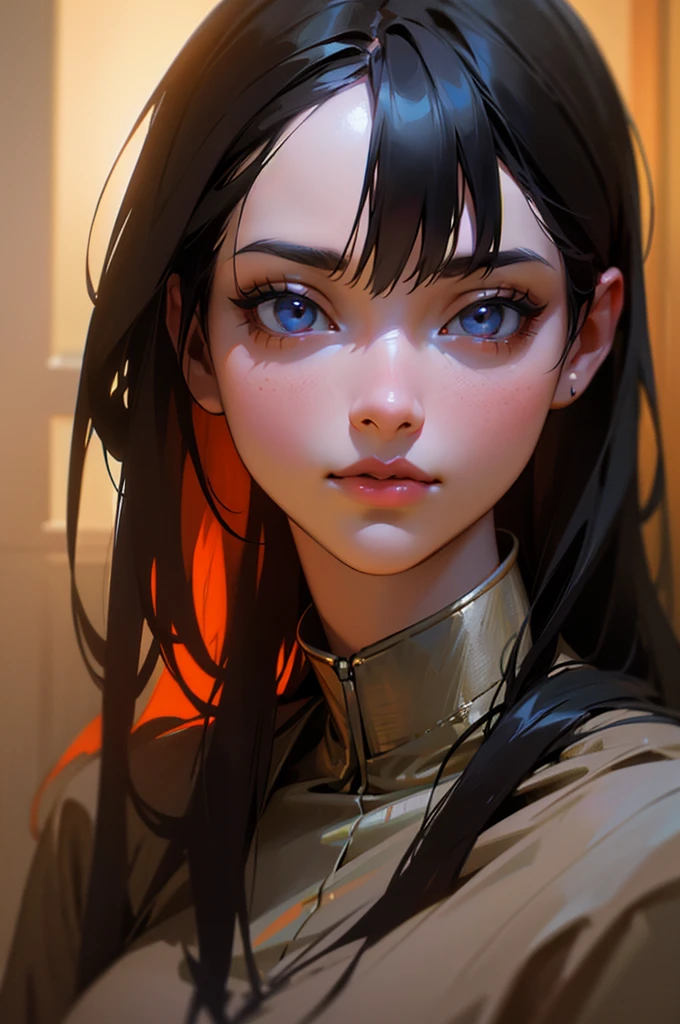 a girl with long black hair, beautiful detailed eyes, beautiful detailed lips, beautiful detailed face, large breasts, detailed portrait, realistic, photorealistic, ultra-detailed, 4k, 8k, highres, masterpiece:1.2, realistic lighting, dramatic lighting, cinematic lighting, volumetric lighting, intricate details, highly detailed, digital art, 3d render, oil painting, vibrant colors, warm colors, chiaroscuro