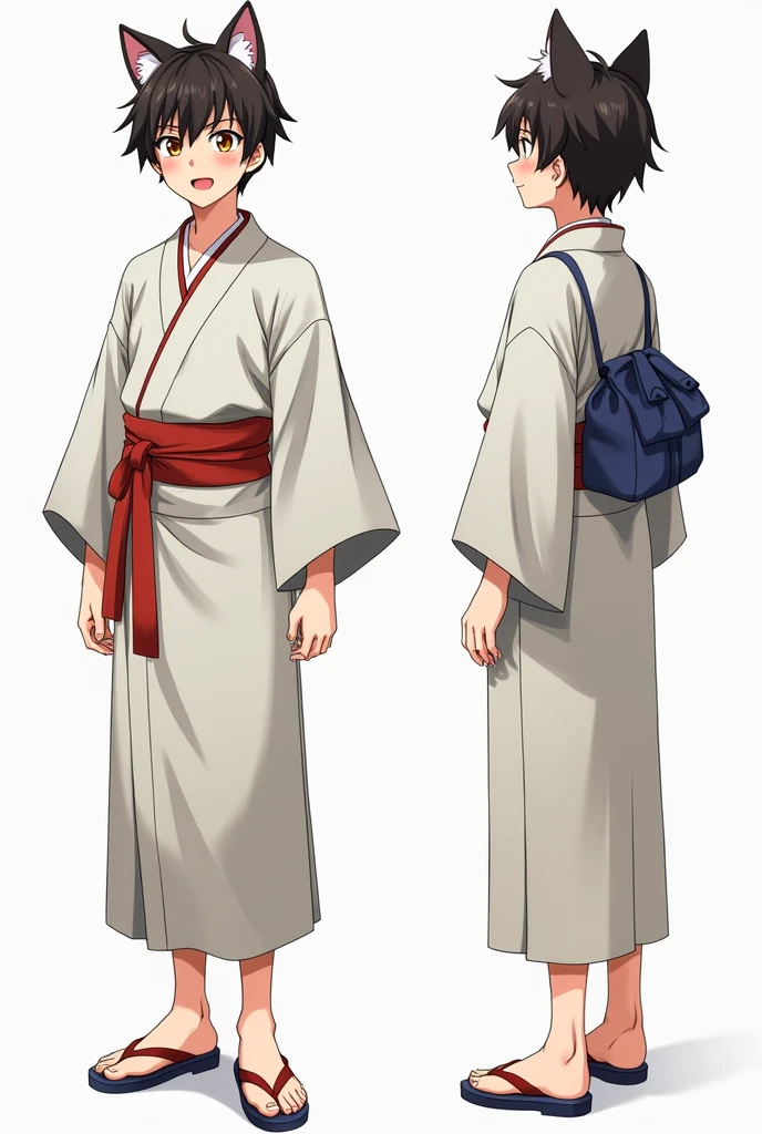 High resolution, Highest quality, High quality illustrations, male,Cat-eared ager, three views, Front and sides and back, Character Sheet, Character Design, Various expressions, Neutral Pose, Highly detailed body, 4 types of facial expressions,Joy, anger, sorrow, and happiness,Happy face, Thinking face, Angry face,Sad face,Anime characters,kimono