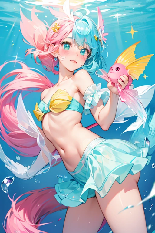 Flurb is a light blue girl anglerfish with a white stomach, a pink lure, fins, lips, and tail, pink blushed cheeks, and splotches with the colors pink, green, orange, and yellow. SPARKLE; GLITTER
