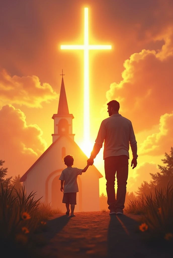 a scene where a father and his son are holding hands, walking towards a church. Ao fundo, the sunlight rises, symbolizing hope and divine guidance. in the sky, a bright cross or a cross-shaped beam of light, highlighting the faith that unites the family and the importance of the father as a spiritual guide