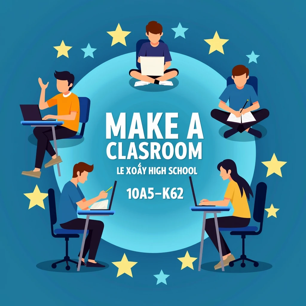 make a classroom logo, technology wallpaper, surrounded by students studying, blue background, with the words '10A5-K62' in the middle, surrounding stars, with the words 'Le Xoay High School'