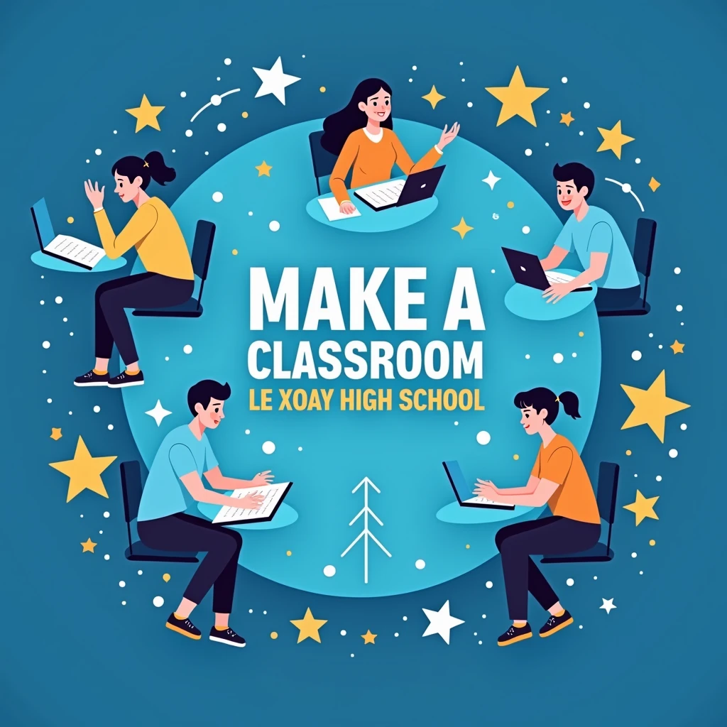 make a classroom logo, technology wallpaper, surrounded by students studying, blue background, with the words '10A5-K62' in the middle, surrounding stars, with the words 'Le Xoay High School'