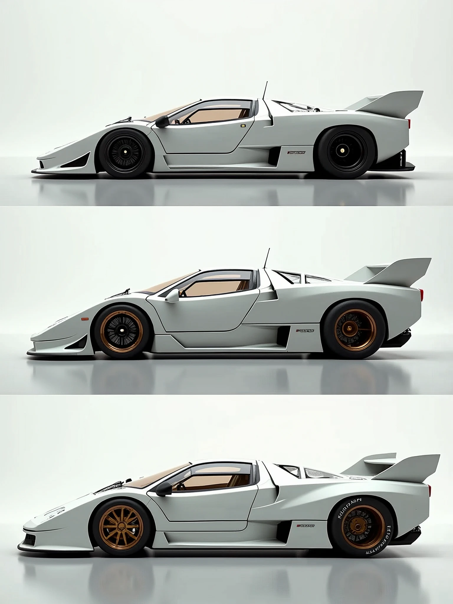 Draw a fusion of White Ferrari F-40 and White Lamborghini Countach in 3 frames:
- Front view
- Side view
- Rear view  realistic
