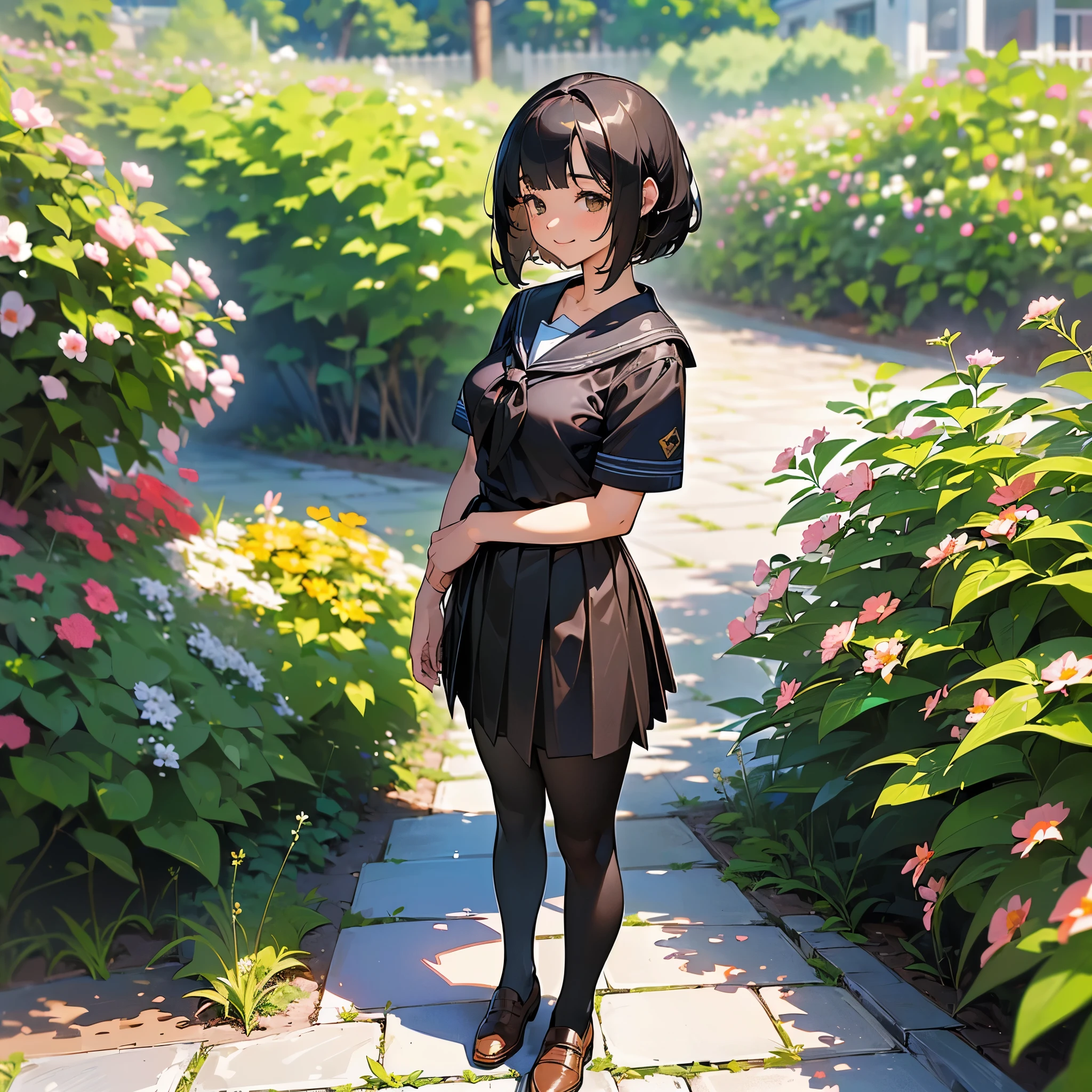 (Highest quality, High resolution, Super detailed, Realistic:1.37), Peaceful atmosphere, (Outdoor, garden), girl standing alone,(my breasts are big.),Beautifully detailed features, Cute Smile, ((Black bob hair)),Short-sleeved sailor uniform, Pleated skirt,Black tights,Brown leather shoes.