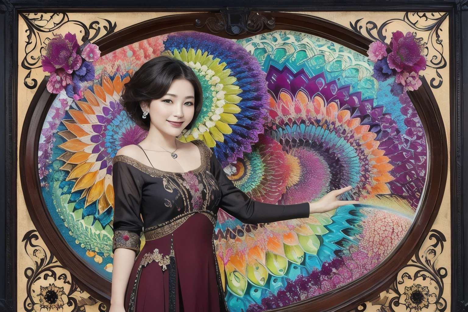 271 (20-year-old woman,short hair), (masterpiece, Highest quality, beautiful:1.2), Very detailed, (Fractal Art:1.1), (colorful:1.1), (flower:1.3), whole body, (Abstract background:1.3), (Many colors:1.4), (Old-fashioned smile), (window)