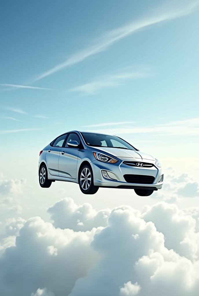Silver 2014 Hyundai Accent car flying through the sky