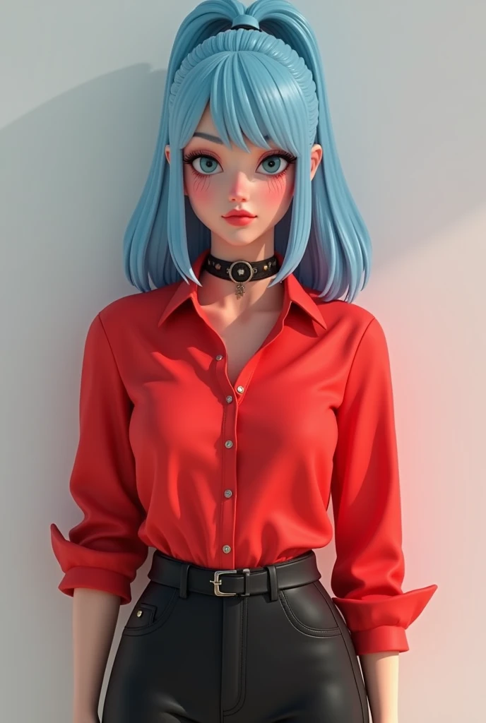 A lady with light blue hair and a ponytail wearing a red shirt and black pants