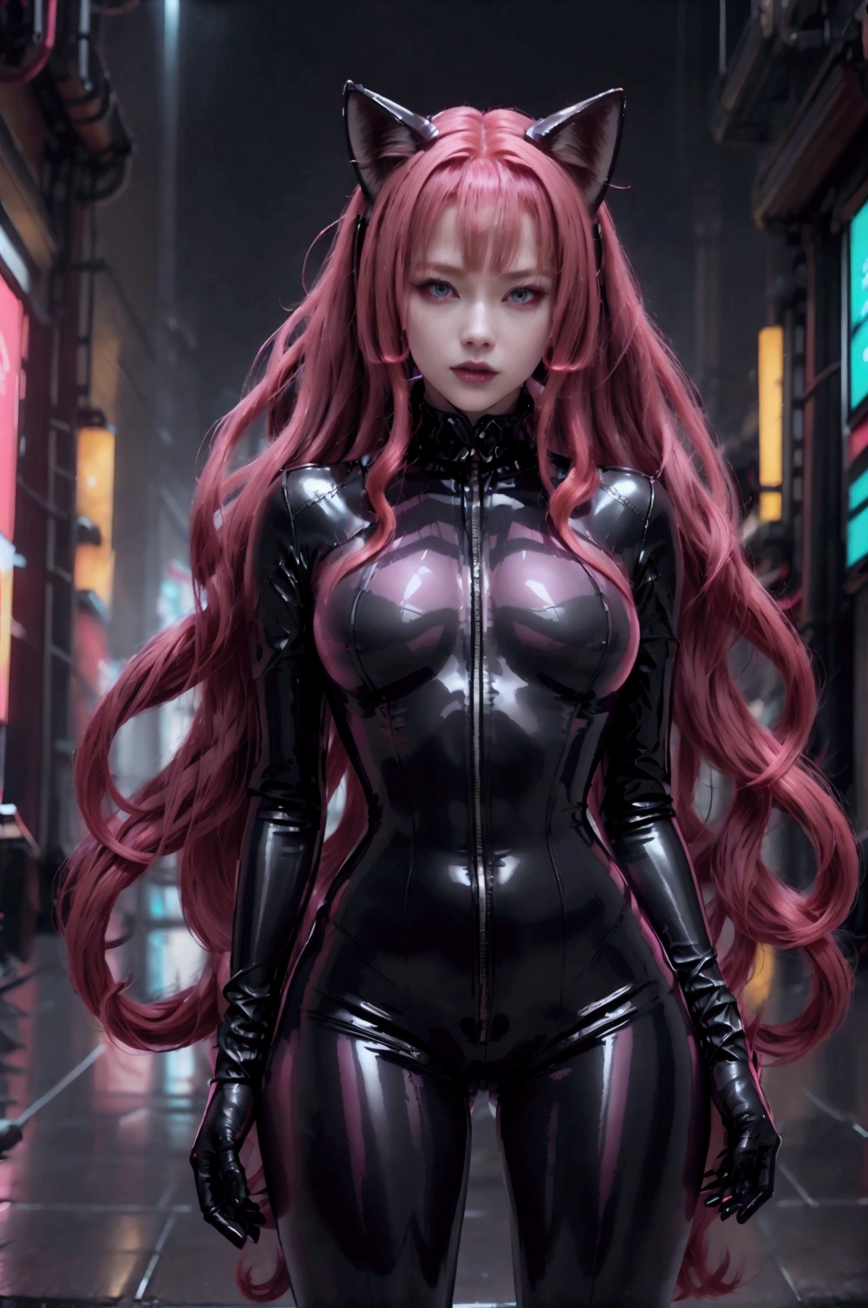 Woman dressed in extremely tight reflective translucent latex black catsuit with high collar, long straight red ginger hair in the waist, Fox eyes
