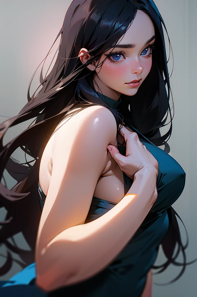 a beautiful girl with long black hair, beautiful detailed eyes, beautiful detailed lips, beautiful detailed face, large breasts, solo girl, realistic portrait, highly detailed, 8k, photorealistic, intricate detail, cinematic lighting, volumetric lighting, soft lighting, chiaroscuro, elegant, graceful pose, serene expression, natural skin tones, vibrant colors