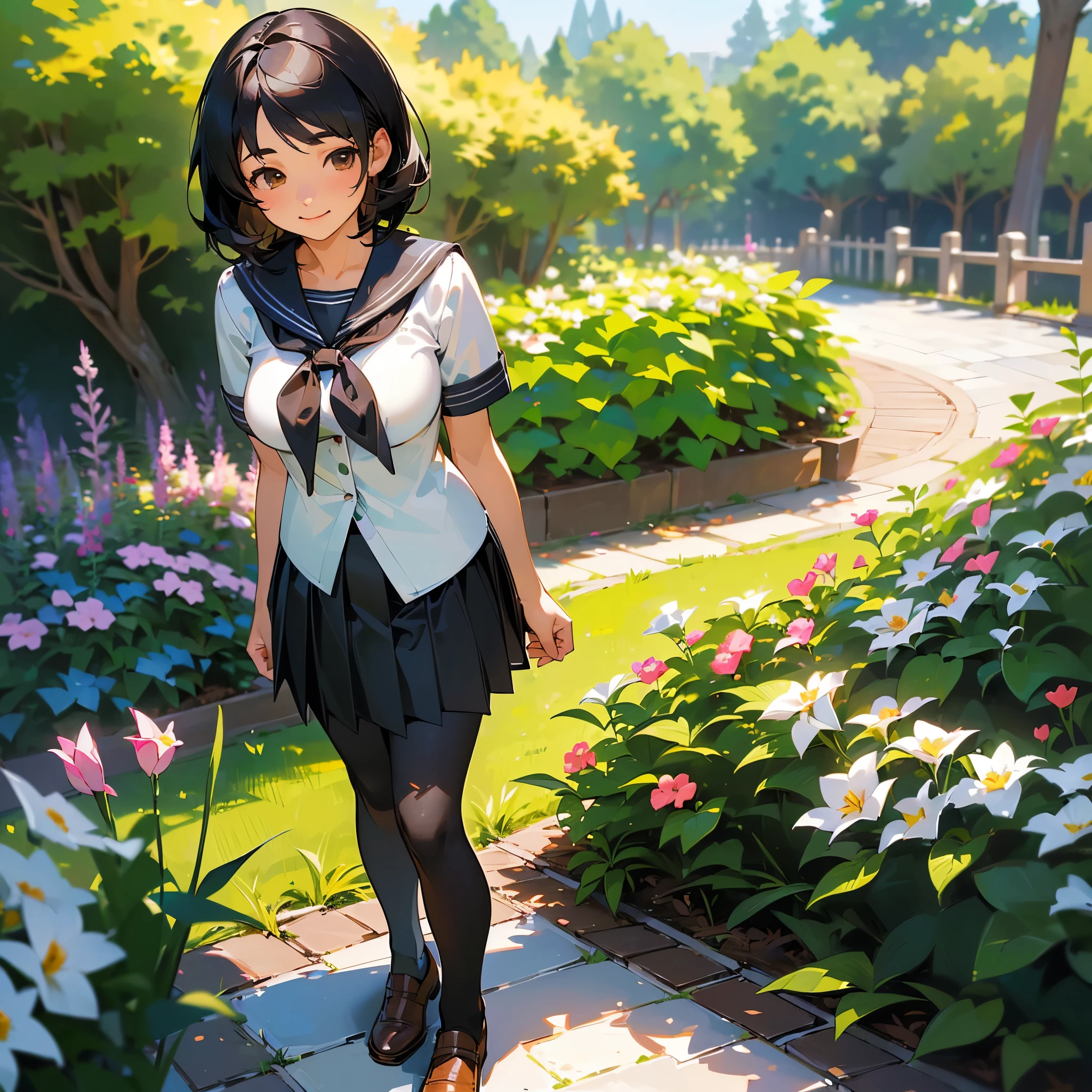 (Highest quality, High resolution, Super detailed, Realistic:1.37), Peaceful atmosphere, (Outdoor, garden), Teenage girl standing alone,(my breasts are big.),Beautifully detailed features, Cute Smile, ((Black bob hair)),Short-sleeved sailor uniform, Pleated skirt,Black tights,Brown leather shoes.