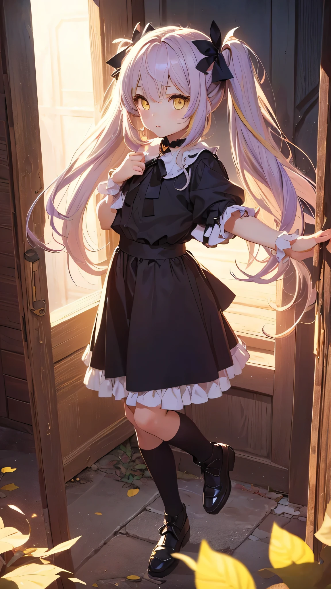 (((Highest quality, masterpiece, High resolution)))、(Anime Art),Cinematic Light、Soft Light、(((Yellow Eyes)))、(((Light purple hair)))、((Twin tails long enough to reach the ground))、(((long hair)))、(Black Ribbon)、Big eyes:1.5、Child&#39;s chest、