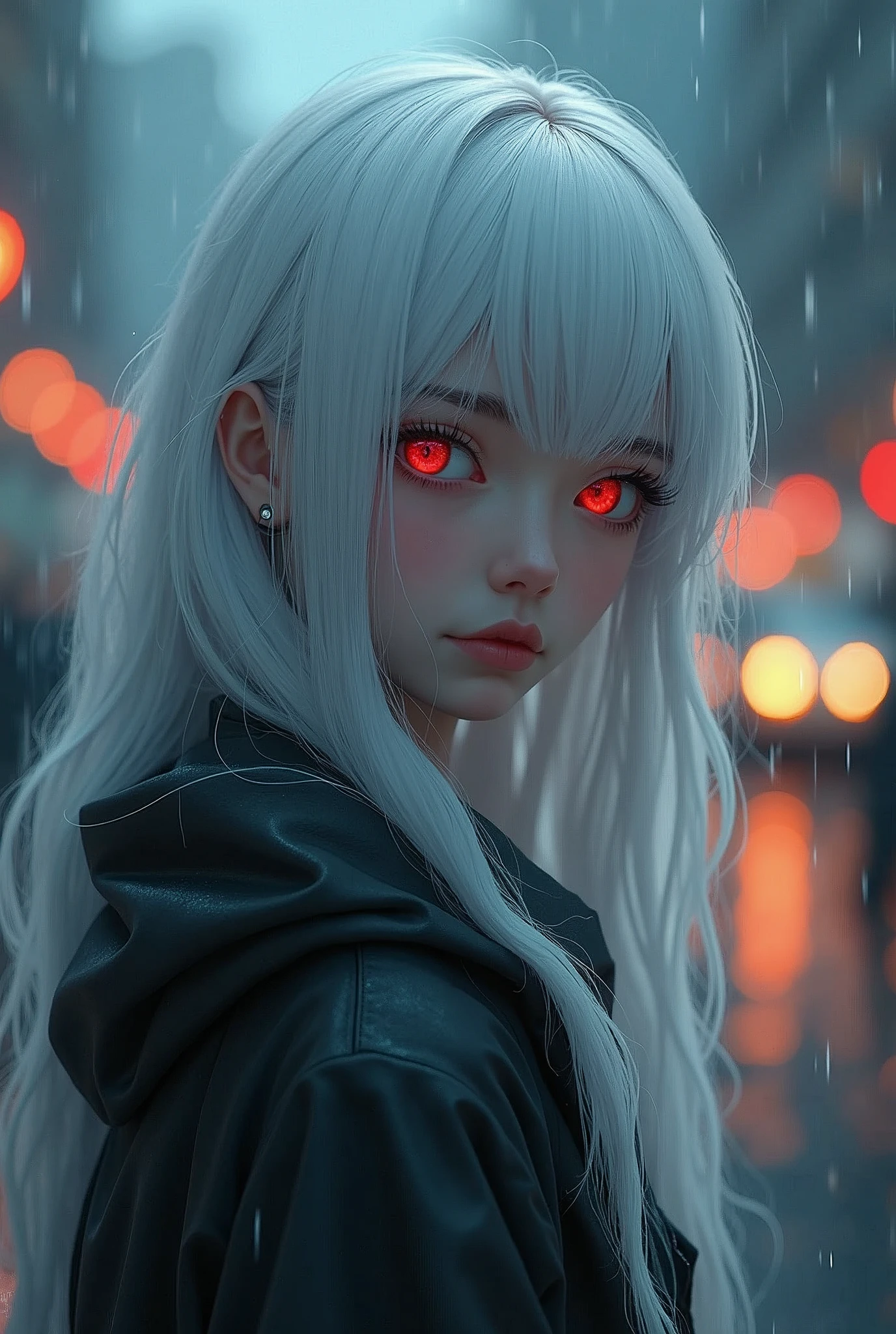 work of art, best qualityer, extremely detaild, cinematic lightning, intricate-detail, high resolution, offcial art, beautiful face and finely detailed eyes, ilustração de high resolution, 8k, Depth of field, bokeh, standing alone, 1 girl, a girl with white hair and heterochromia eyes, long white hair, beautiful red eyes, beautiful landscape, rainy city, trunk, looking ahead at viewer, close up