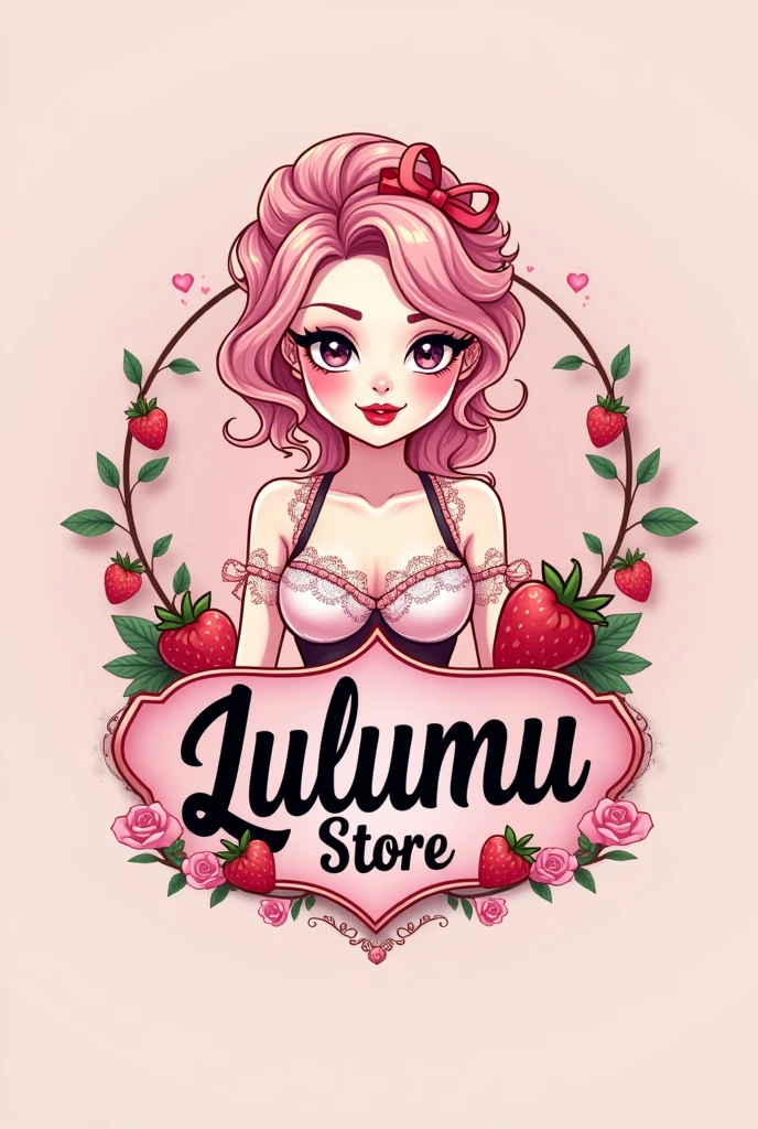 Create a small logo for a brand called "Lulumu Store" that has pink colors, red , black and white, a little bit of strawberries and a girl with pastel pink hair dressed as a ta with a sexy body