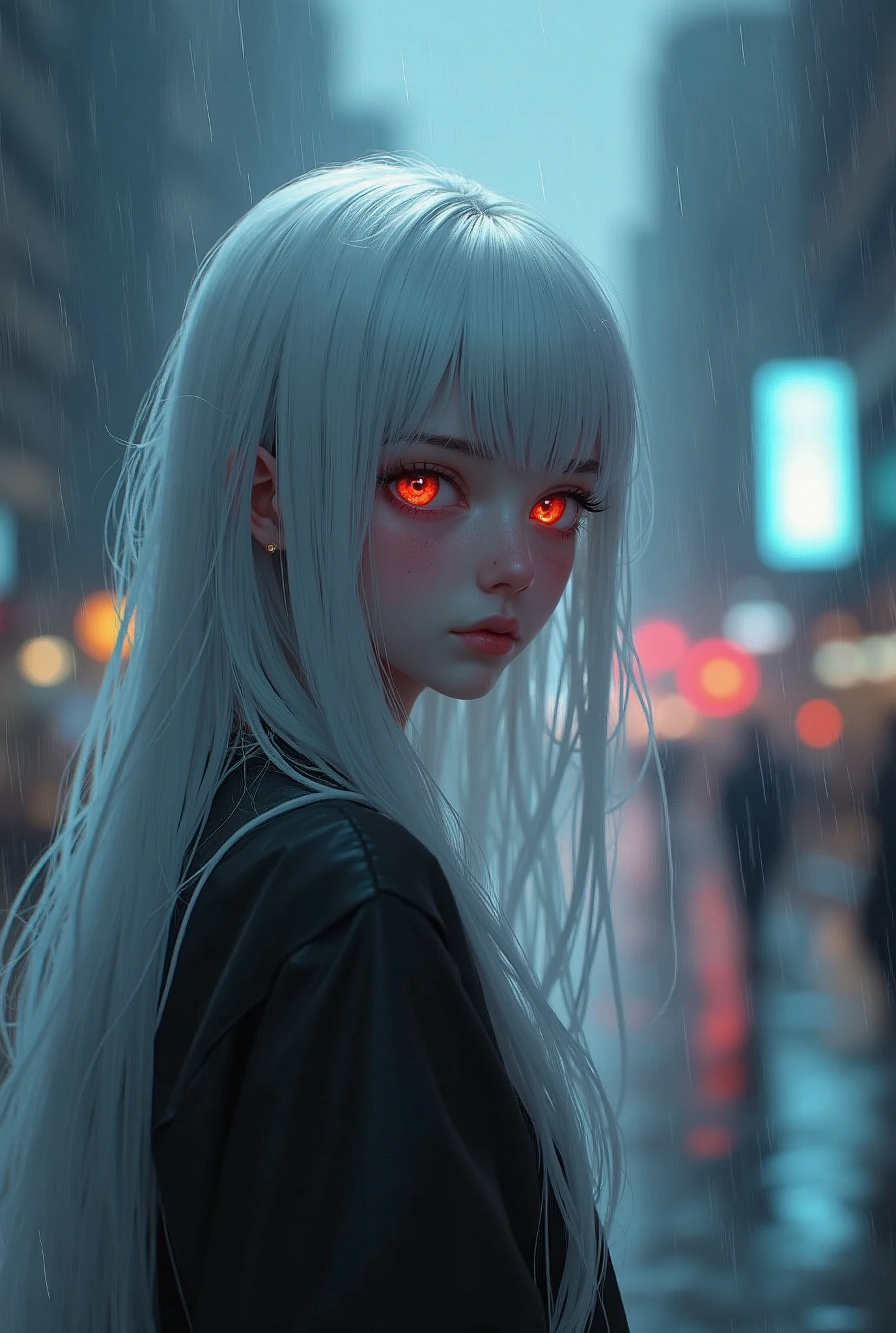 work of art, best qualityer, extremely detaild, cinematic lightning, intricate-detail, high resolution, offcial art, beautiful face and finely detailed eyes, ilustração de high resolution, 8k, Depth of field, bokeh, standing alone, 1 girl, a girl with white hair and heterochromia eyes, long white hair, beautiful red eyes, beautiful landscape, rainy city, trunk, looking ahead at viewer, close up