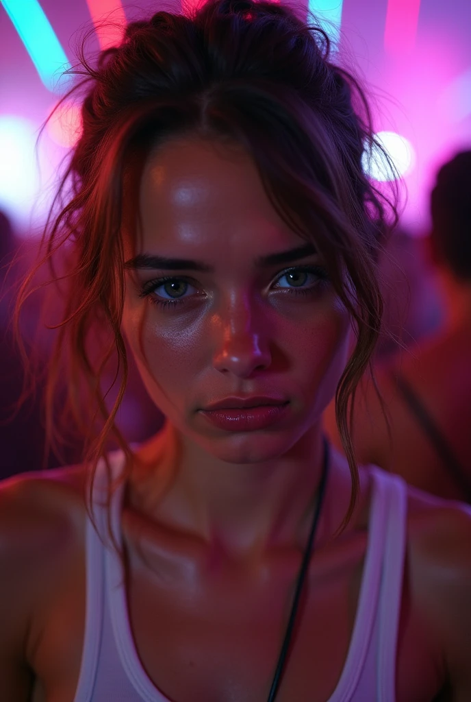 A troubled looking 19 yo white hewishgirl in a sweaty white tank top at a rave. Close up .