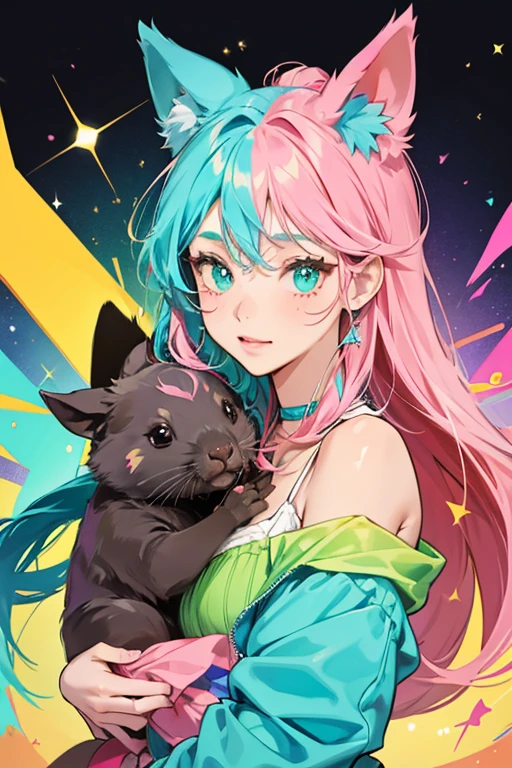 Gumbo is a turquoise girl wombat with blue, green, yellow, orange, purple, pink, and dark pink seed markings, dark pink ears, a black nose, and red cheeks. SPARKLE; GLITTER