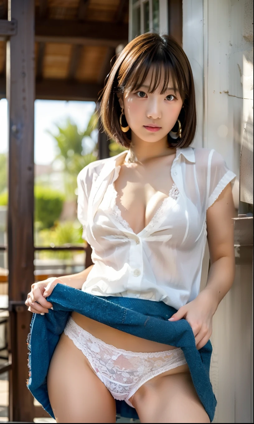 (looking at the camera),bent over:1,bent over:1,((The skin is wet from sweat)),Cleavage,Inside the house,entrance,Wearing a shirt,Looking down,Troubled face、Skirt Lift、Lift up your miniskirt with your hands,woman, 20-year-old, Short Hair、bangs、(Plain Mini Skirt),(White lace panties)、Cute earrings