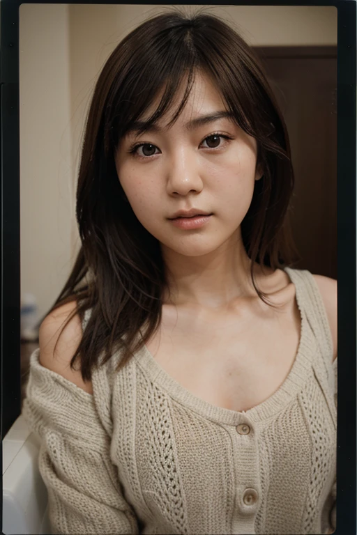 Japanese girl, 18-21 years old, brown hair, high-quality photo portrait, shot on a Polaroid camera, double eyelid --ar 34:65 --style raw