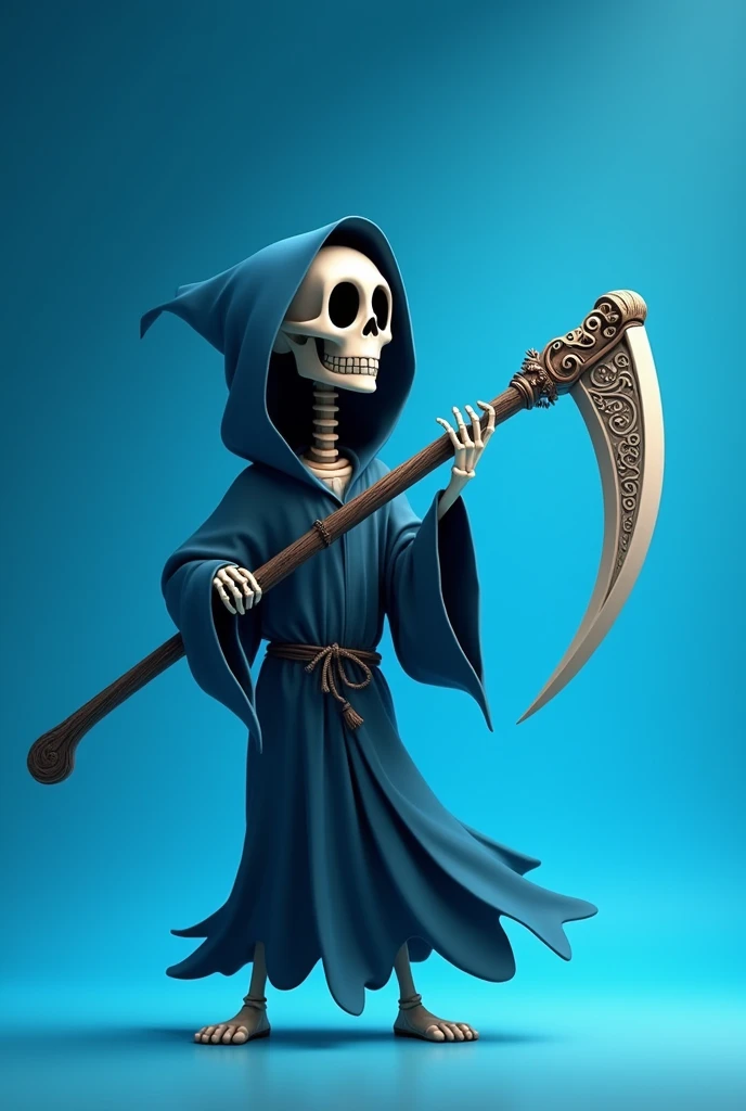 Happy death animated man version with a scythe and blue background