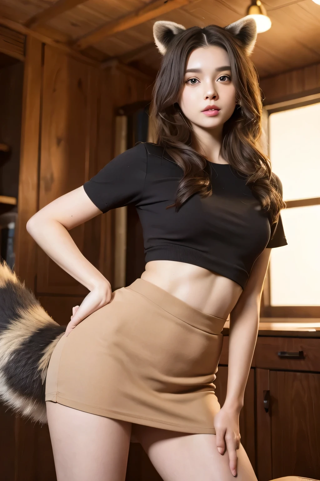 ((Highest quality, 8k)), ((masterpiece)), (Highest Resolution), Perfect Face, Woman with a raccoon tail, Female college student, Beautiful woman, public, ending, She has a thick tail, Big raccoon tail, She has a brown raccoon tail in her skirt., She wags her tail, Surprised face, she is wearing a short skirt, Beautiful Hips , Small breasts, The hem of the skirt is rolled up, Bushy Tail