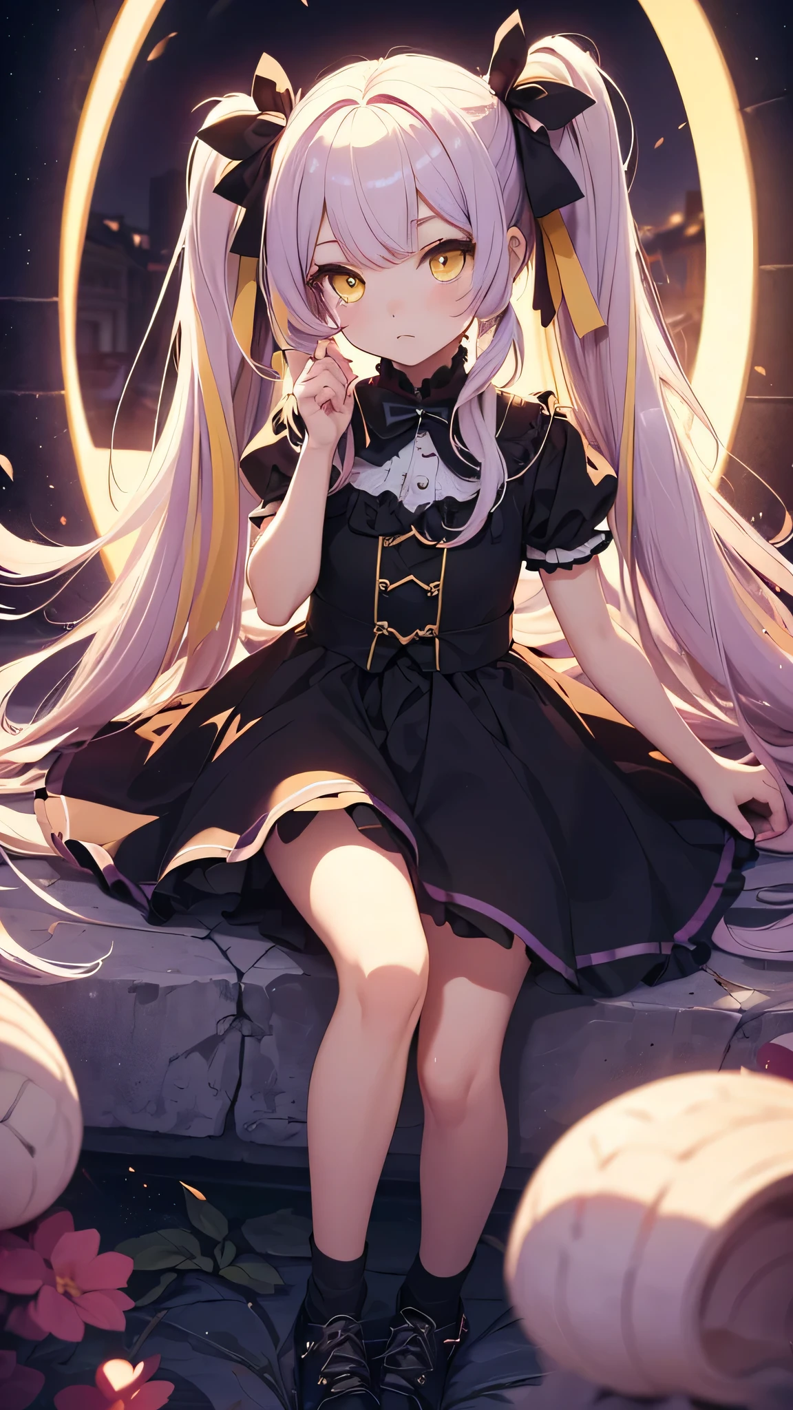 (((Highest quality, masterpiece, High resolution)))、(Anime Art),Cinematic Light、Soft Light、(((Yellow Eyes)))、(((Light purple hair)))、((Twin tails long enough to reach the ground))、(((long hair)))、(Black Ribbon)、Big eyes:1.5、Child&#39;s chest、