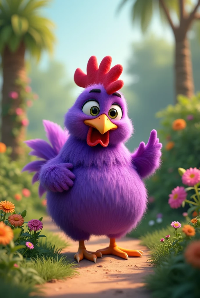 An animated purple chicken in a garden 