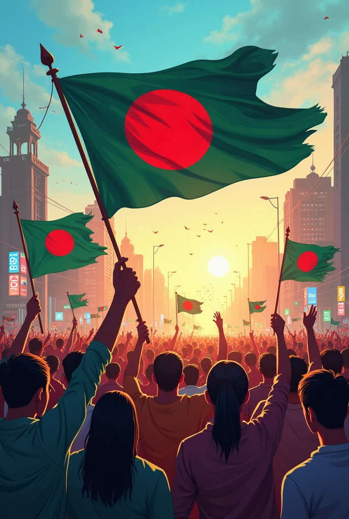 Let the journey of a new Bangladesh begin after the victory achieved as a result of the anti-discrimination student movement. Bangladesh's anti-discrimination student movement collapsed on August 5, 2024 with the resignation of the current government and Dr. Md. Yunus, one of the convenes of the student movement and their choice, was appointed as the head of the interim government. Please make an image in which all the people looks Bangladeshi and in all hands showing Bangladeshi flags they control traffic with the help of all digital support by ai from one point to another's as well as road cleaning and many more beautification works