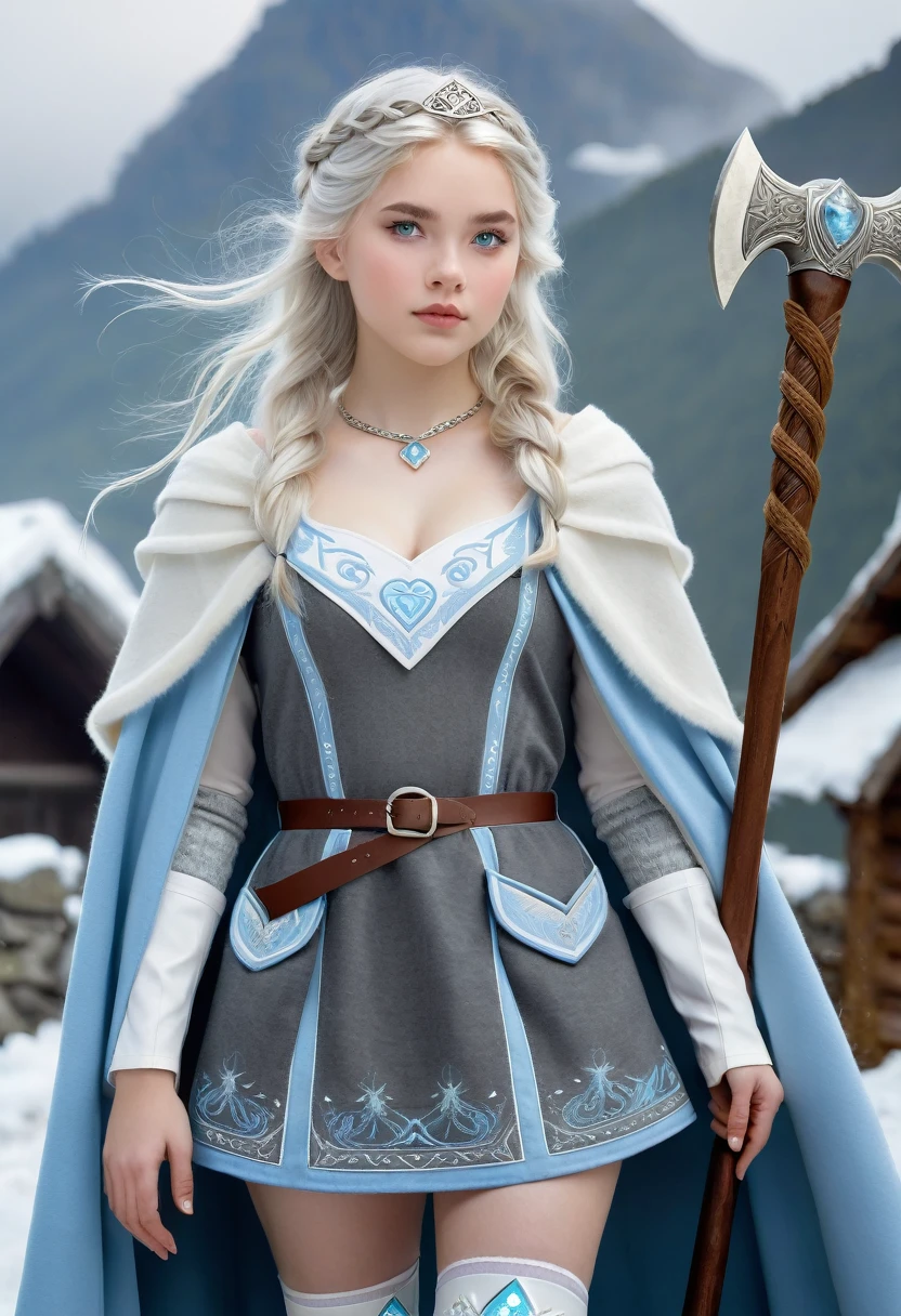 A beautiful photo of very young tween wearing a Norse style charcoal grey woolen gown with elegant pale azure blue princess style apron, runes of family, love, healing and protection are embroidered along it, with knee high stockings, white doeskin boots, and a beautiful cloak with silver white collar, has golden white hair. The hairstyle is elegant loose waves with a Dutch braided with a silver diamond circlet with a triforce gem, holding a magical axe, white leather magic bag, warrior princess, thick mountain morning mist, beautiful curvy girl, 12k, ancient Norse, octane render, perfect eyes, wide hips, large saggy chest, Norse mountain village 