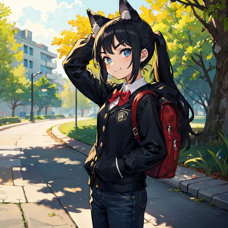 Young girl with black hair, long twintail, twintail hairstyle, (blue eyes), ((small bushy eyebrows)), (wolf ears up), wearing gothic lolita, lolicon clothes, going to school, dull eyes, dull face, going to school, flirtatious smile, small and perky breasts, in a park, showing her pants
