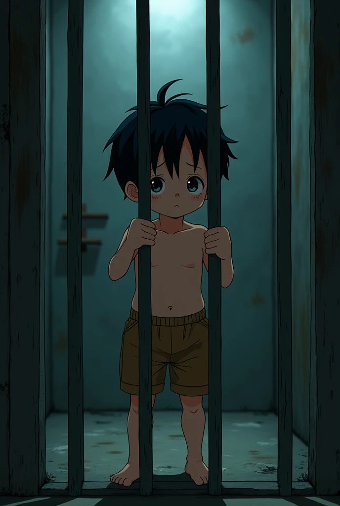 Cinematic anime style. manga art. TME0224 face, sad expression, (((a baby boy, 4 year old))) in a funny night (((wearing just baggy wide short with hands grabbing the bars))), (((inside a tiny closed cage behind bars, standing with the arms grabbing the bars))). cinematic lighting, drop shadow, masterpiece, UHD, anatomically correct, textured skin, super detail, high details, high quality, best quality, 4K, full body, standing