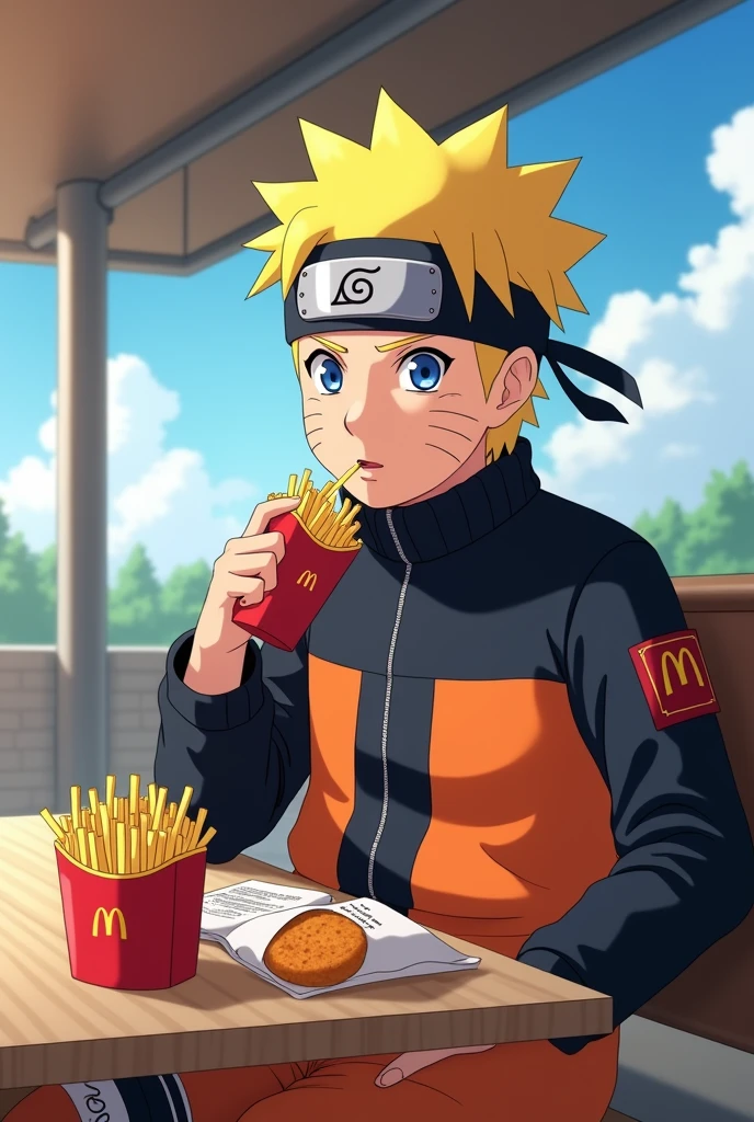 Naruto eating french fries from McDonald's restaurant at a bus station, anime