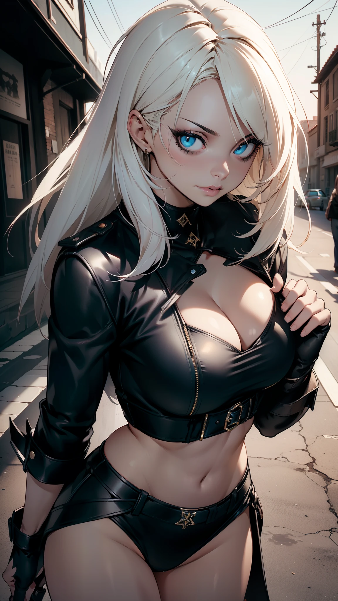 detailed portrait of a beautiful woman, 1girl, (AngelMS:1.4), midriff, looking at viewer, (cleavage), cropped jacket, best quality, 4k, 8k, highres, masterpiece:1.2, ultra-detailed, URBAN SAMURAI,holding a dagger each hand, fullbody shot