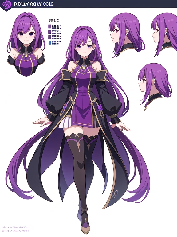 (((Best Quality))) , ((full body)), female, reference sheet, solo, (white background),  thigh high, purple hair, very long hair, fantasy outfit,