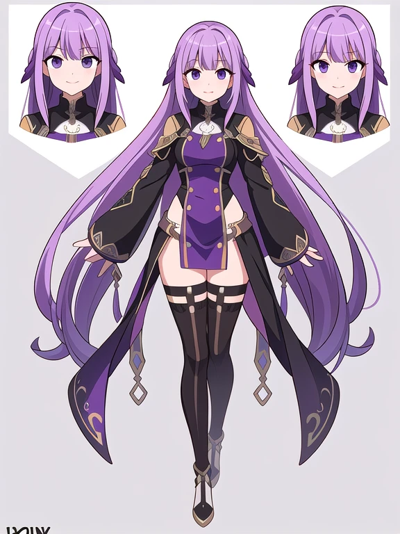 (((Best Quality))) , ((full body)), female, reference sheet, solo, (white background), thigh high, purple hair, very long hair, fantasy outfit,