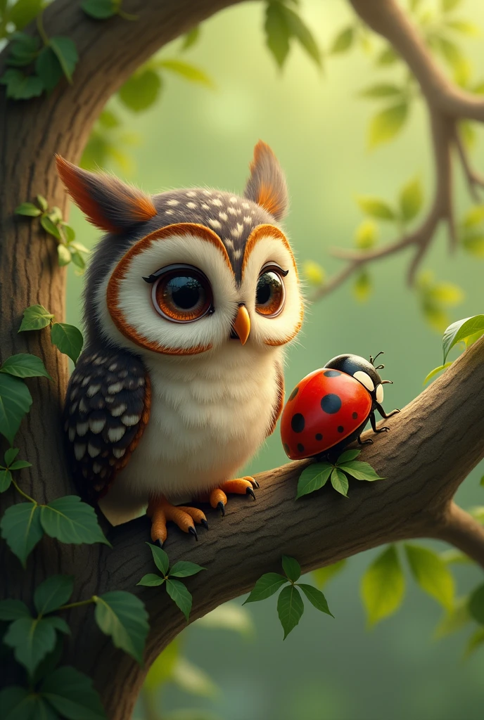 owl and ladybug on the tree branch