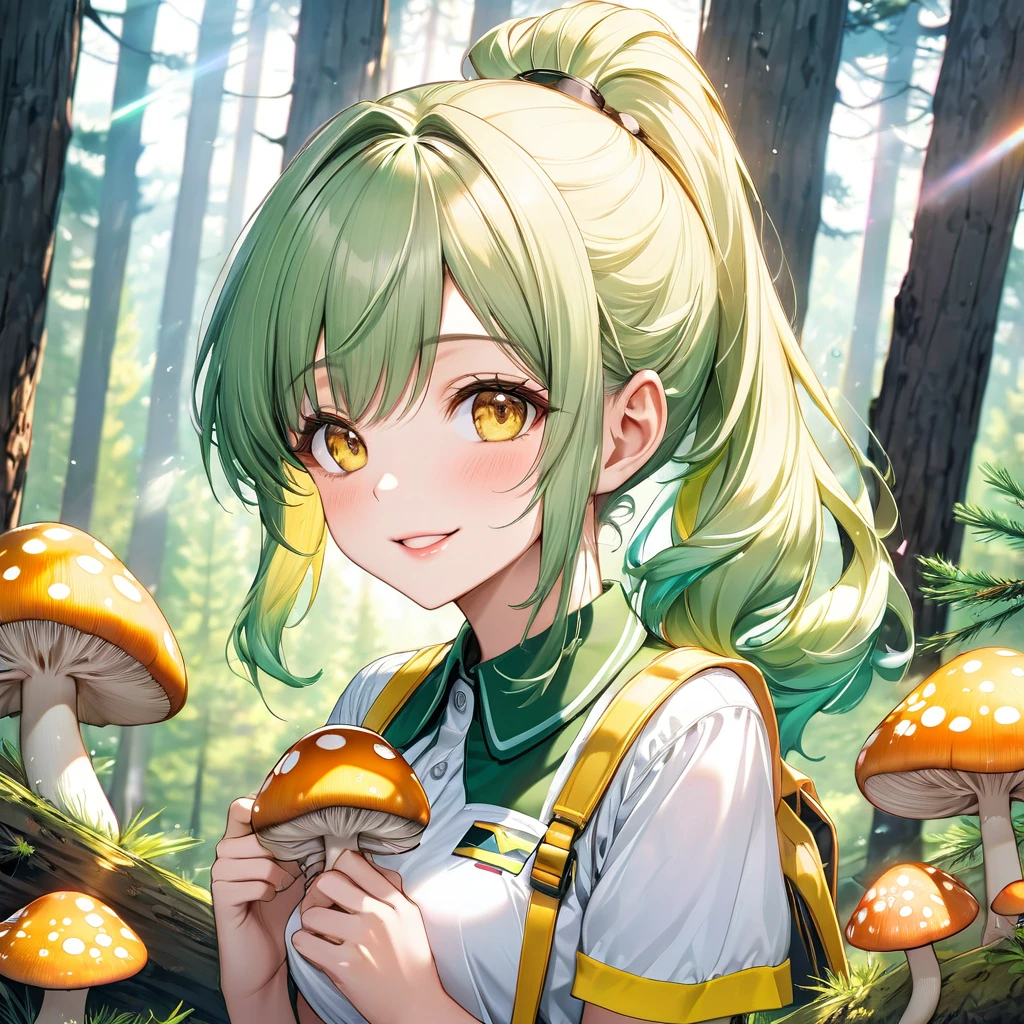 (Mountain Explorer style) (double exposure pastel color), (hand holding a detailed ecstasy brown pine mushroom), (solo:2, 15 yo) (beautiful ponytail) (beautiful pastel green hair long hair) (beautiful sexy girl) (detailed cute yellow eyes) (best smile, glossy lip) (medium tits), in a summer Speculator uniform, break, in the beautiful Pine forest, BREAK, perfect anatomy, masterpiece, best quality, 16k, beautiful detailed grow, daydreaming expression.